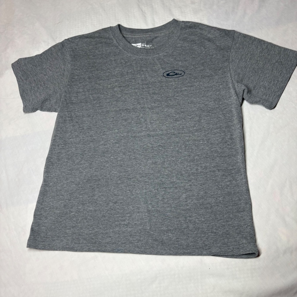 Drake Waterfowl Systems Gray Graphic T-Shirt American Flag Logo Youth Medium M